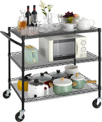 Finnhomy 3 Tier Heavy Duty Commercial Grade Utility Cart, Wire Rolling Cart with Handle Bar, Steel Service Cart with Wheels, Kitchen Carts on Wheels, Metal Cart Shelf Size 24" D x 36" W, NSF, Black