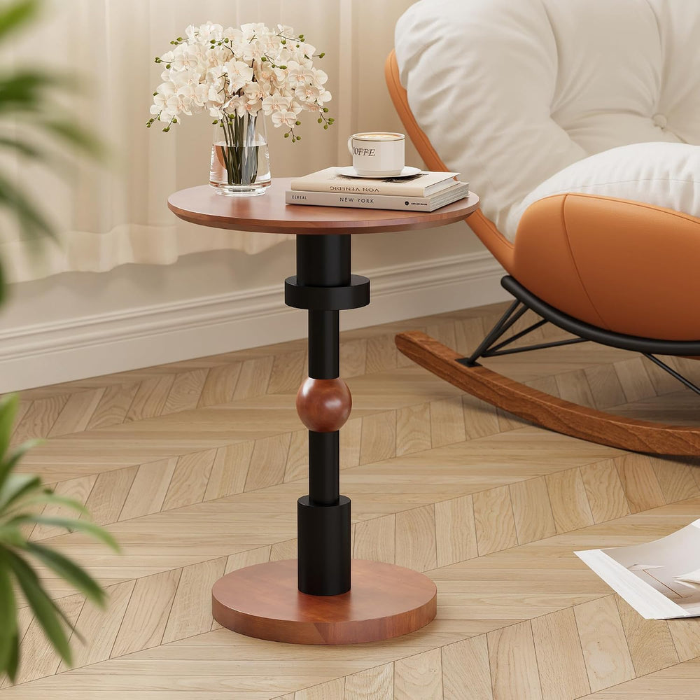 Round End Table, 100% Solid Wood Mid Century Modern Pedestal Side Table, Smal...