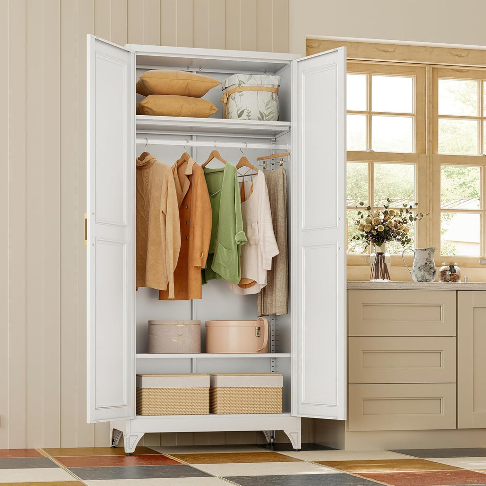 Metal Wardrobe Cabinets,Armoire Wardrobe Closet with Hanging Rod,Clothes Stor...