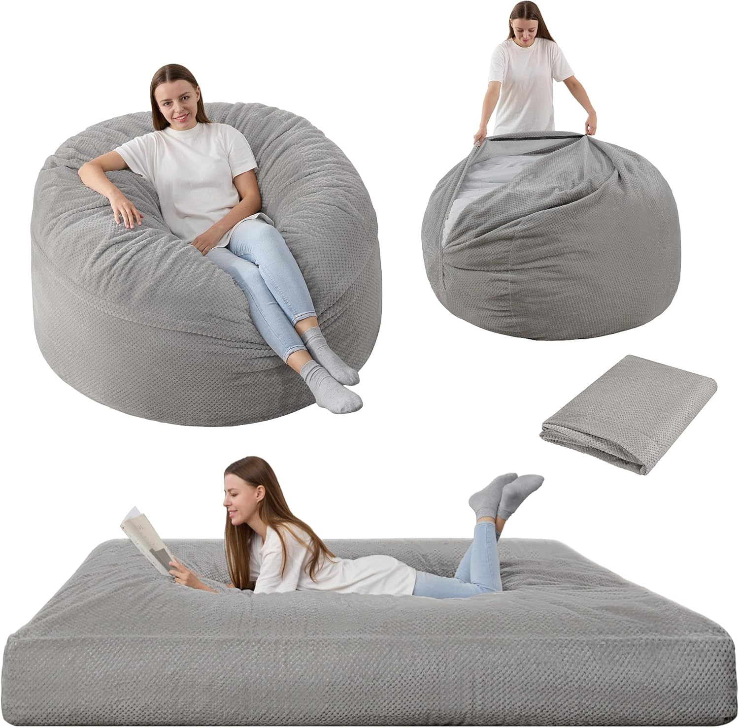 HABUTWAY Bean Bag Chair, Giant Bean Bag Chair with Washable Chenille Cover Ultra Soft, Convertible Bean Bag from Chair to Mattress, Huge Chenille Bean Bags for Adult, Couples, Family (Grey Queen)