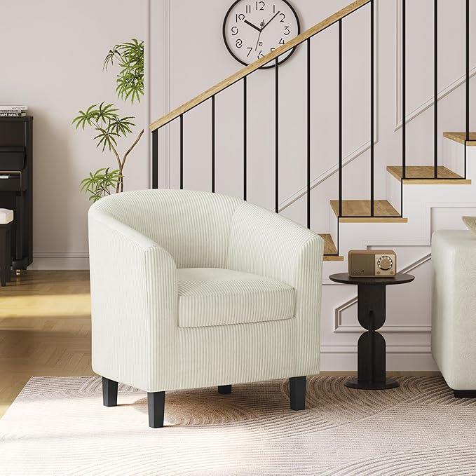 Yaheetech Corduroy Barrel Chair, Upholstered Club Accent Chair, Round Armchair with Soft Cushion for Living Room Bedroom Reading Waiting Room, Beige