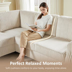 90.6" V-Shaped Sectional Sofa with Storage Ottoman, Corduroy Beige | Cloud Comfort, Couches for Living Room, 5-Seat, Comfy Deep Seat, 2 Throw Pillows, Bedroom, Apartment, Office