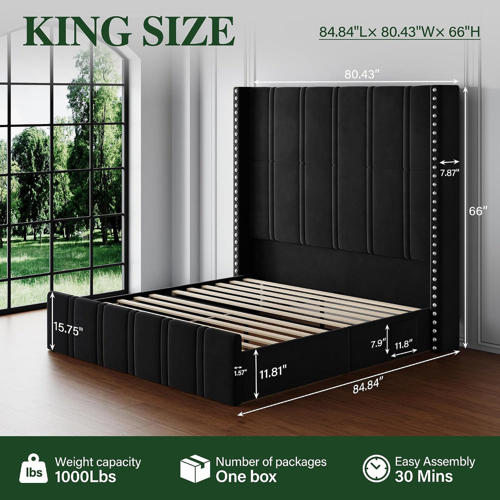 65.75" Tall King Size Bed Frame and Headboard, Black