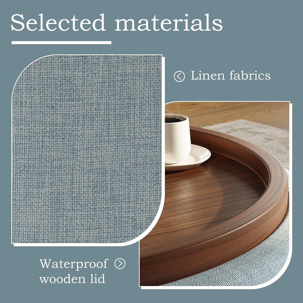Round Storage Ottoman Coffee Table with Walnut Tray, 30'' Round Ottoman with Storage, Modern Upholstered Coffee Table with with 4 Casters for Living Room, Linen Fabric, Light Blue