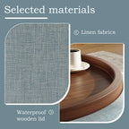 Round Storage Ottoman Coffee Table with Walnut Tray, 30'' Round Ottoman with Storage, Modern Upholstered Coffee Table with with 4 Casters for Living Room, Linen Fabric, Light Blue