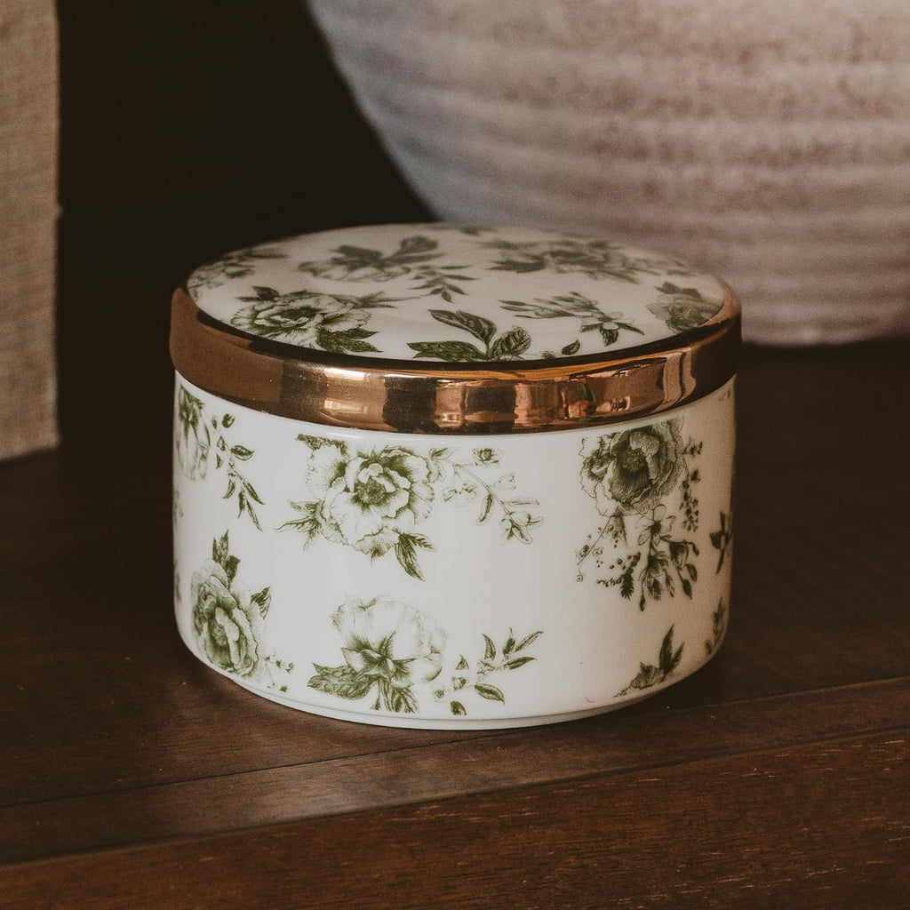 Sweet Water Decor Green Delft Round Trinket Box, Jewelry Storage for Bathroom Counter or Nightstand, Ring Holder for Bridal Shower, Wedding, or Home, Elegant Jewelry Holder & Organizer for Women