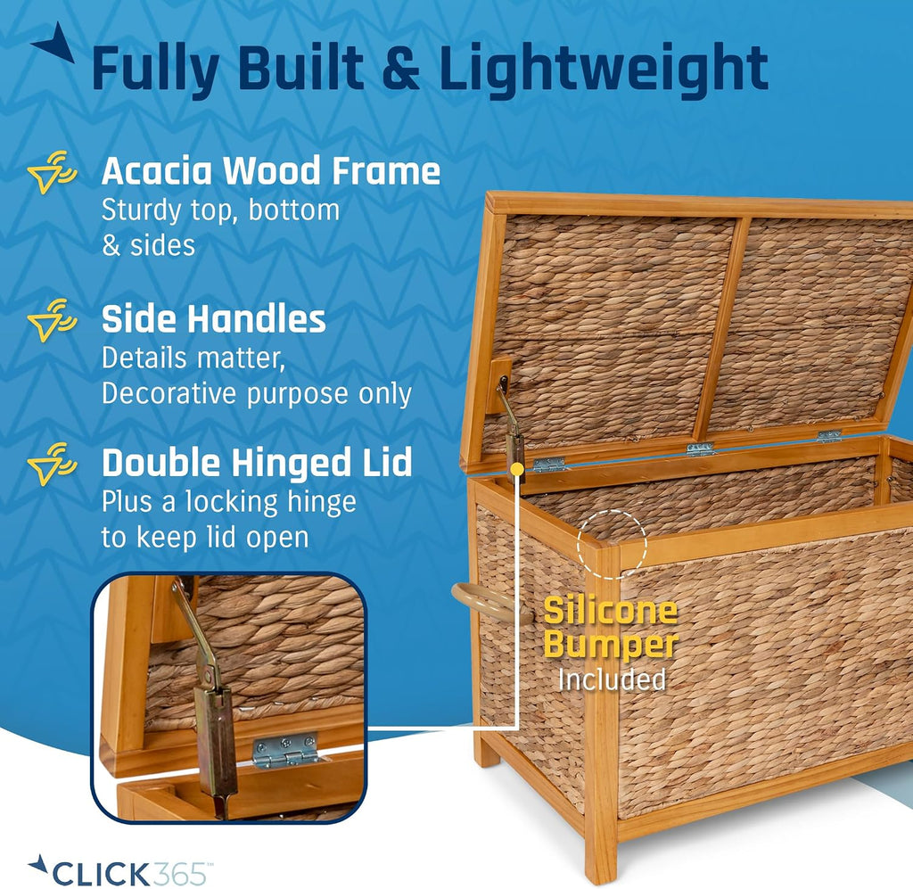 Click365 Wilson Wicker Storage Trunk with Lid, 30 Inch Handwoven Water Hyacinth Storage Chest with Acacia Wood Frame, Farmhouse Blanket Basket for Living Room, Bedroom or Entryway, Natural Brown