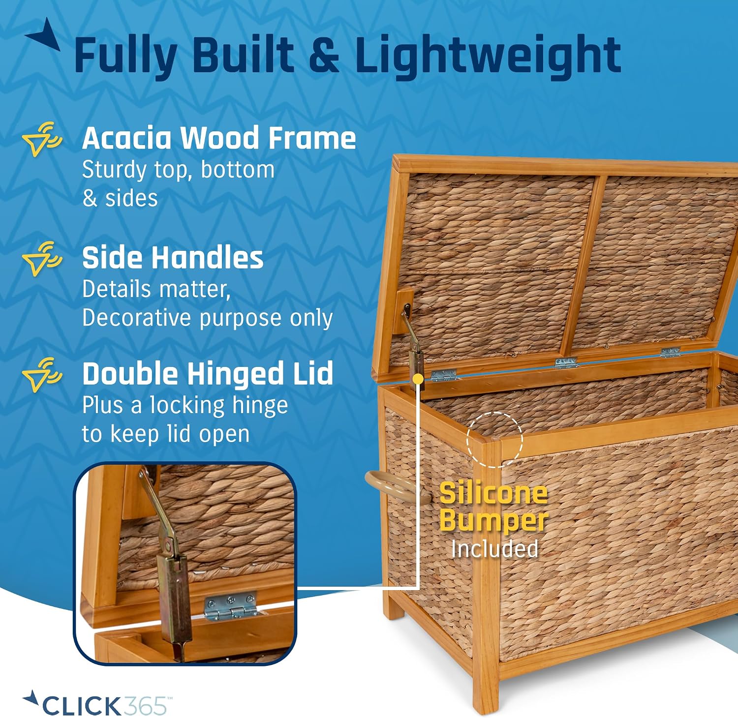 Click365 Wilson Wicker Storage Trunk with Lid, 30 Inch Handwoven Water Hyacinth Storage Chest with Acacia Wood Frame, Farmhouse Blanket Basket for Living Room, Bedroom or Entryway, Natural Brown