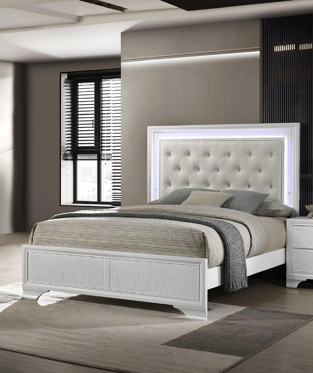 Modern Queen Size 1pc Bed Crisp White Textured Finish Tufted Headboard Integr...