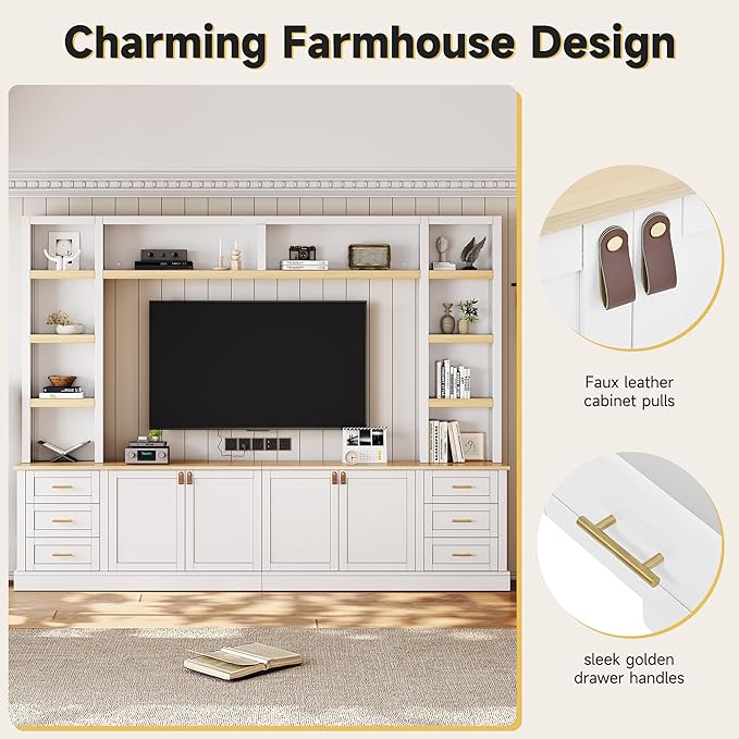 Merax 102.3 Inch Wide Farmhouse Entertainment Center, Rustic TV Stand with 6 Drawers & Adjustable Shelves, Large Media Console for TVs up to 75", Modern Bookshelves Wall Unit, White