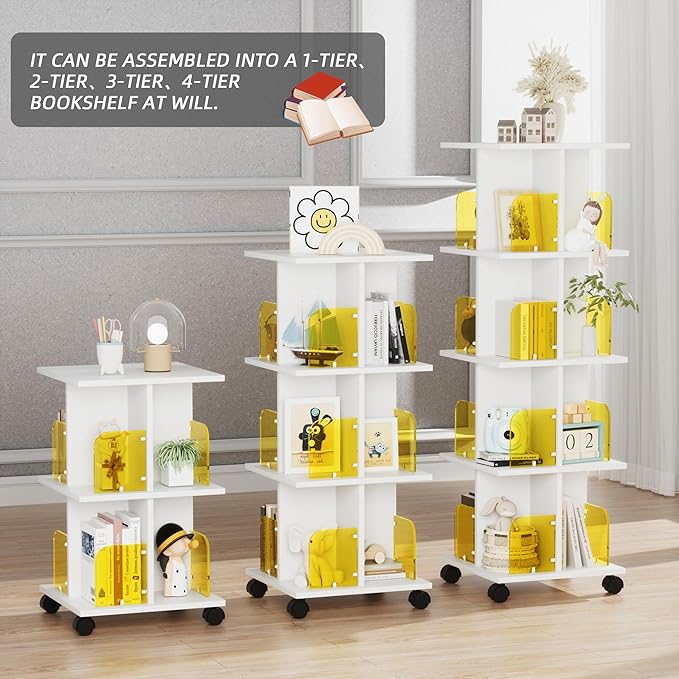 VECELO 4-Tier Rotating Bookshelf, Modern Swivel Bookcase, Vintage Book Shelf for 360° Display, Stackable Shelves Floor-Standing Storage for Home Office, Solid Wood, Smooth Spinning, White