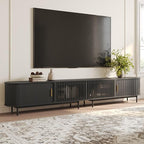POVISON Fully-Assembled Sliding Tambour Door TV Stand, Mid Century Modern TV Console, Wood Media Console, Entertainment Center with Storage Cabinet(Black, 118.11")