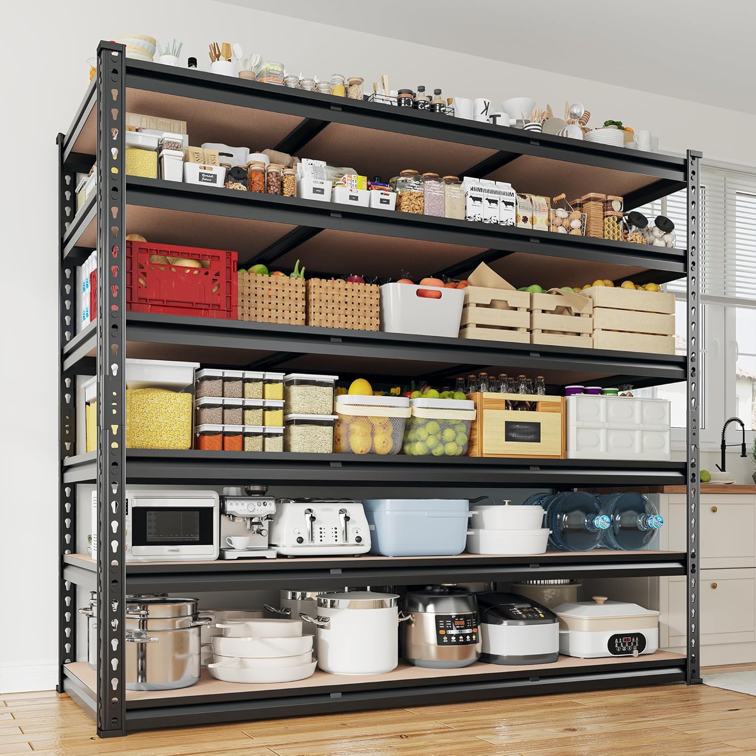 REIBII 6-Tier Garage Shelving, 84" H Storage Shelves Load 3300LB, Adjustable Metal Shelving, Large-Capacity Garage Shelves for Basement, Warehouse, 48.2" W X 84" H X 24" D, Black