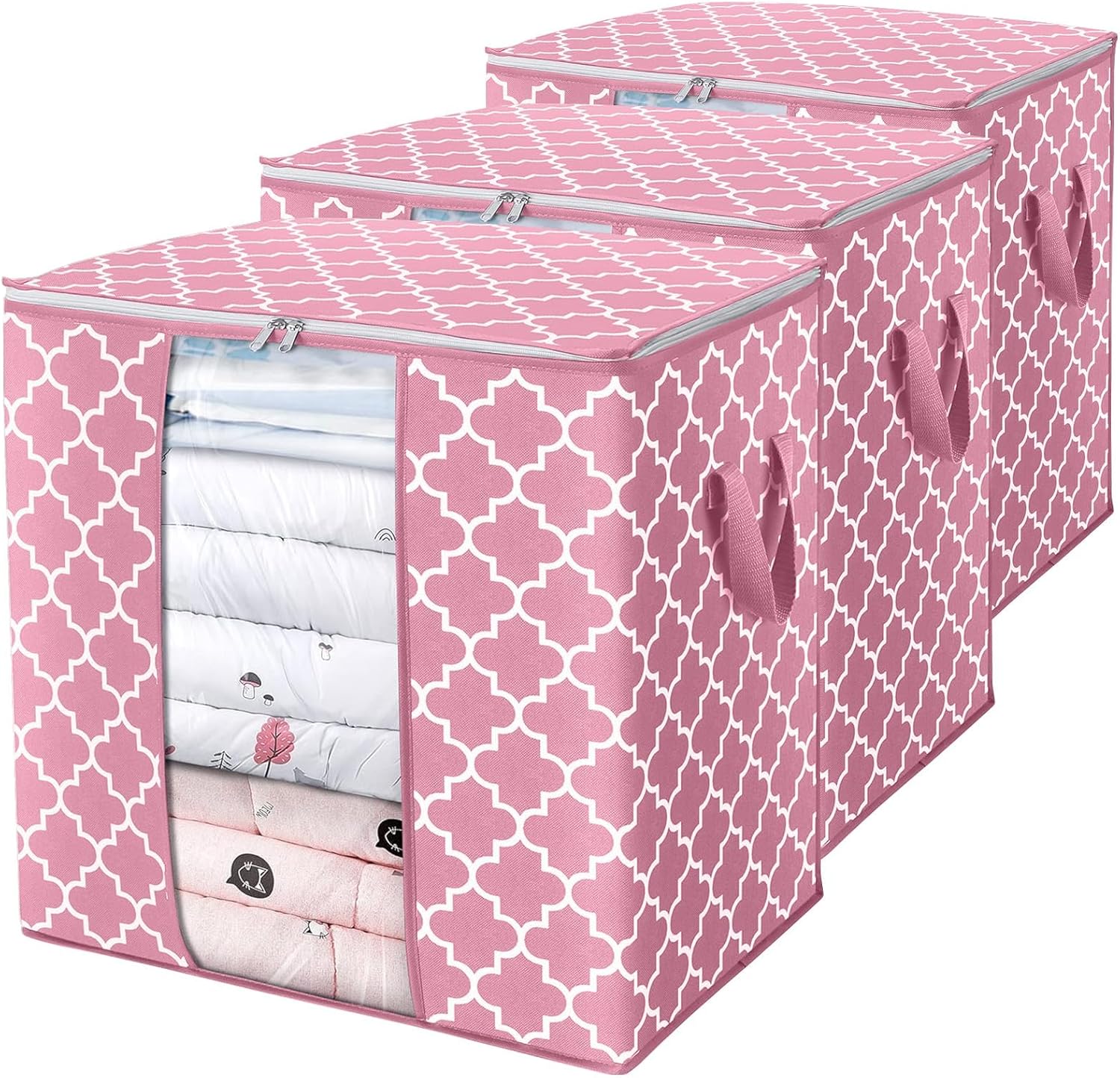 WISELIFE Storage Bags 3 Pack/100L Large Blanket Clothes Organization and Storage Containers for Comforters,Bedding, Foldable Organizer with Reinforced Handle, Clear Window, Sturdy Zippers,Pink