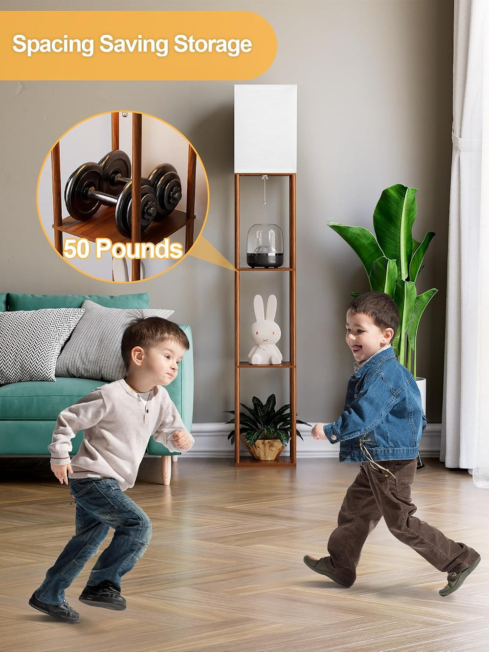 Floor Lamp with Shelves for Living Room Walnut Brown, Shelf Floor Lamp with 3...