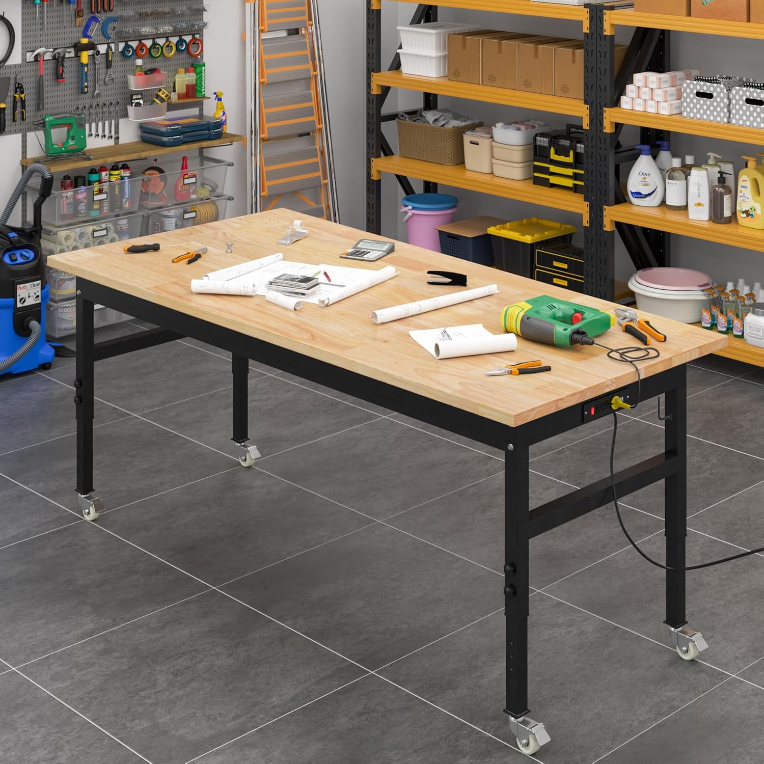 60" Adjustable Work Bench, Rubber Wood Top Workbench Heavy-Duty Work Table with Power Outlet and Wheels, 2000 LBS Load Capacity Hardwood Work Benches for Garage, Workshop, Home, Office, Easy Assembly