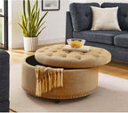 Tufted Storage Ottoman Round Upholstered Linen Ottoman Decorative Foot Stool with Storage for Living Room Bedroom Entryway Home Decor (Orange)