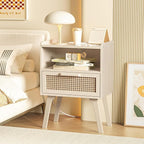 Lerliuo Rattan Nightstand with Charging Station, Side Table with Drawer Open Shelf, Cane Accent Bedside End Table with Solid Wood Legs, Night Stand for Bedroom, Dorm and Small Spaces (Grey White)