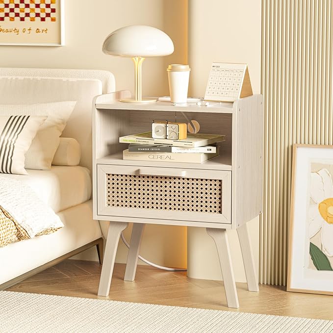 Lerliuo Rattan Nightstands Set of 2 with Charging Station, Side Table with Dr...