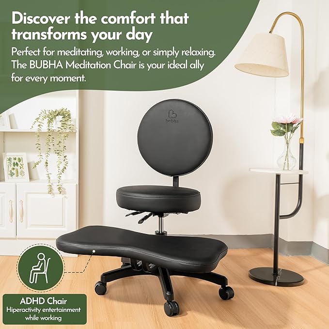 BUBHA Ergonomic Criss Cross Chair, Meditation Chair with Reclining Backrest & Adjustable Height, Cross Legged Office Chair with Wheels, Wide Kneeling Chair Leg Rest,ADHD Desk & Yoga Seat (Black)