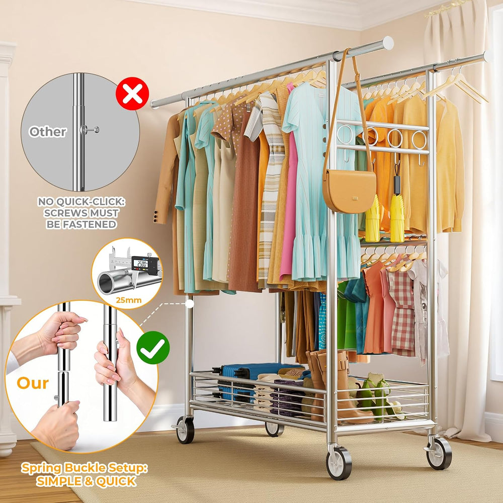 Heavy Duty Clothes Rack Load 960LBS, Three Rods Rolling Clothing Racks for Ha...