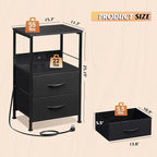 WLIVE Night Stand Set of 2 with Charger Station, Black Nightstand Sets with 2 Fabric Drawers and Storage Shelf, LED Bedside Table, Bedroom Small End Tables with 3 USB Ports and 2 AC Outlets