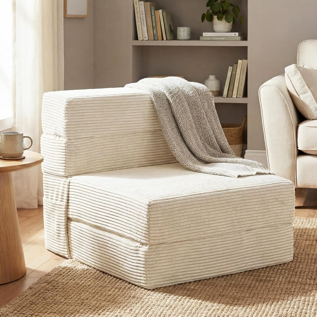 Single Size Folding Sofa Bed - 4 in 1 Convertible Sleeper Chair - High Density Memory Foam Futon Couch - Foldable Bed for Living Room Bedroom (Beige)