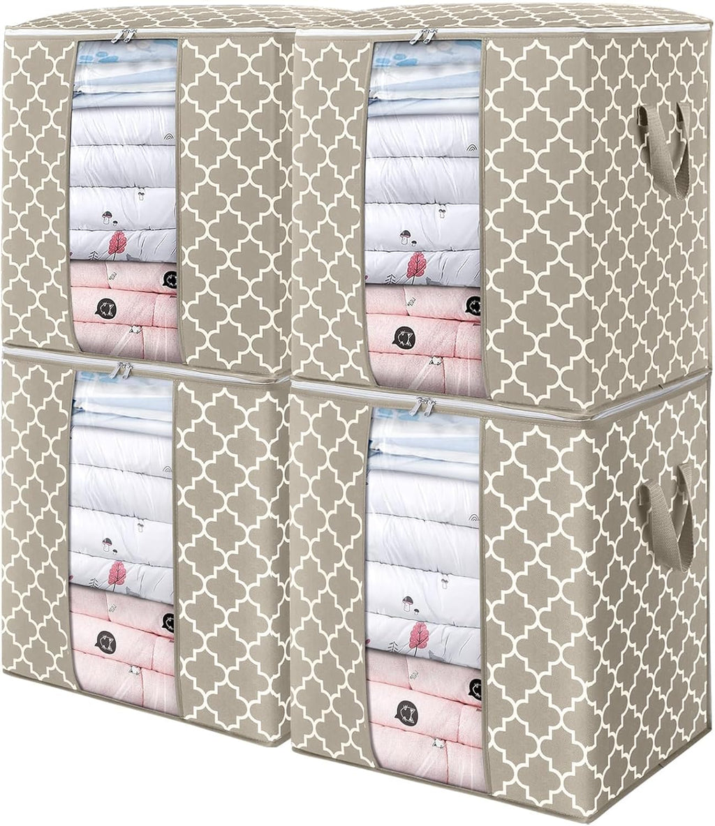 WISELIFE Storage Bags 4 Pack/100L Large Blanket Clothes Organization and Storage Containers for Comforters,Bedding, Foldable Organizer with Reinforced Handle, Clear Window, Sturdy Zippers,Beige