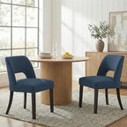 keoni Wooden Dining Chairs Set of 2, Mid Century Modern Upholstered Dining Room Chairs with Black Wood Legs, Fabric Farmhouse Kitchen Chairs with Foot Pegs for Dining Room, Blue