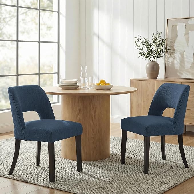 keoni Wooden Dining Chairs Set of 4, Mid Century Modern Upholstered Dining Room Chairs with Black Wood Legs, Fabric Farmhouse Kitchen Chairs with Foot Pegs for Dining Room, Blue