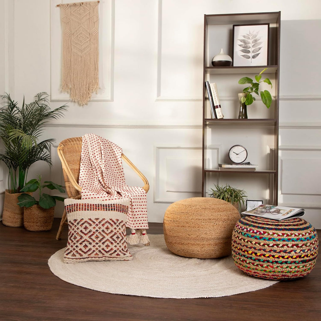· REDEARTH · Braided Jute Cotton Pouf - Circular Boho Ottoman - Multi | Jute with Cotton Pouf, 19.5"x19.5"x14"; Braided Boho Pouffe, Doubles as Foot Rest for Living Room, Patio, Outdoor, Bedroom