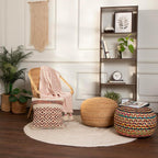 · REDEARTH · Braided Jute Cotton Pouf - Circular Boho Ottoman - Multi | Jute with Cotton Pouf, 19.5"x19.5"x14"; Braided Boho Pouffe, Doubles as Foot Rest for Living Room, Patio, Outdoor, Bedroom