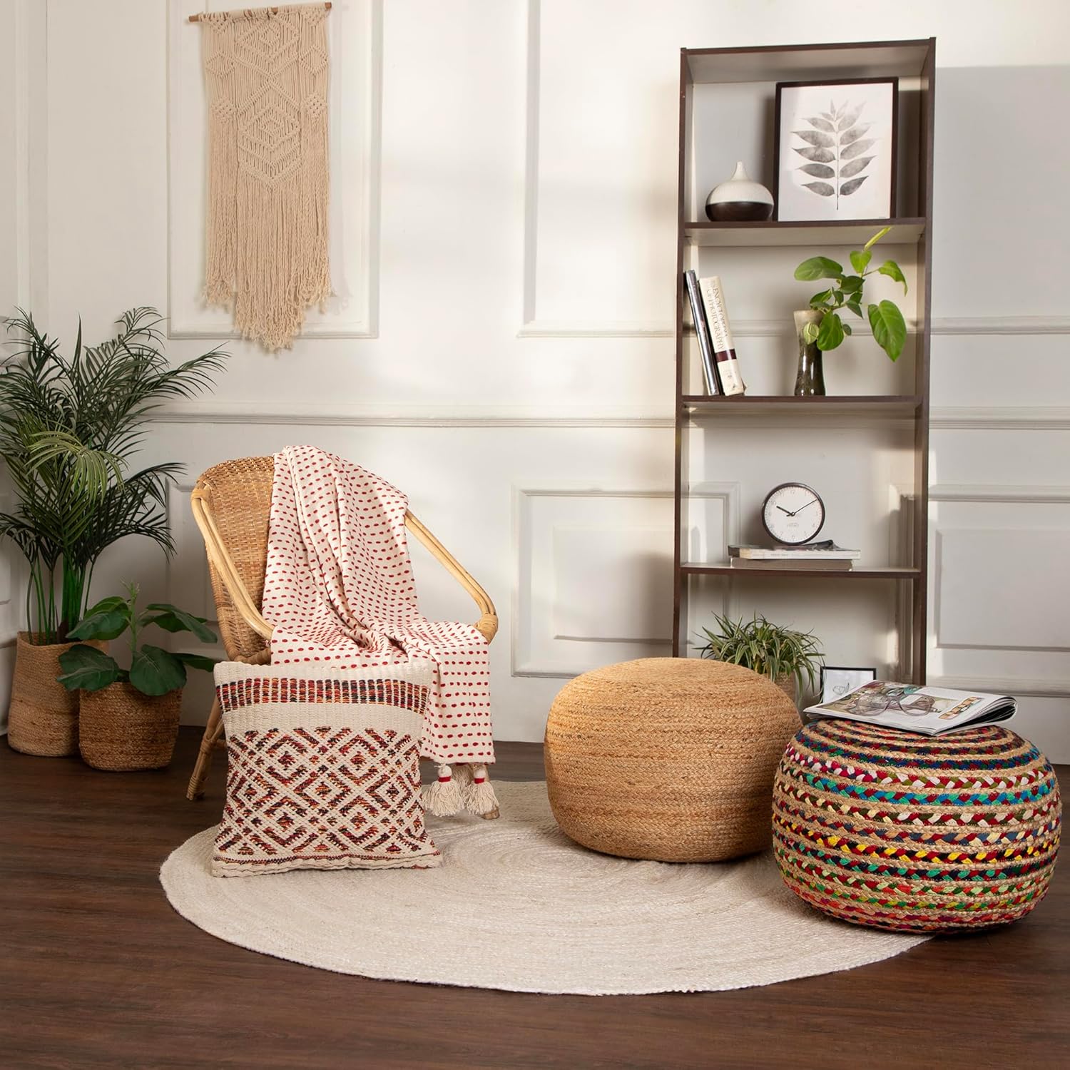 · REDEARTH · Braided Jute Cotton Pouf - Circular Boho Ottoman - Multi | Jute with Cotton Pouf, 19.5"x19.5"x14"; Braided Boho Pouffe, Doubles as Foot Rest for Living Room, Patio, Outdoor, Bedroom
