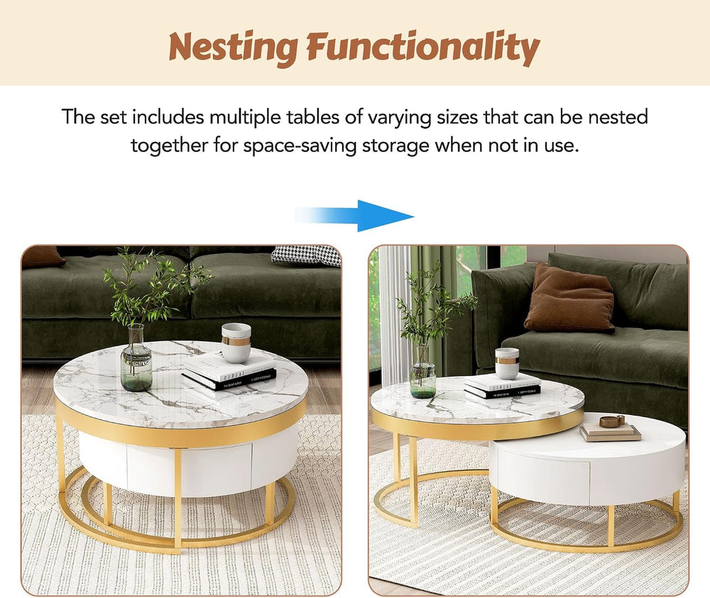 Modern Round Nesting Coffee Table with Drawers in White, Circle Coffee Tables...