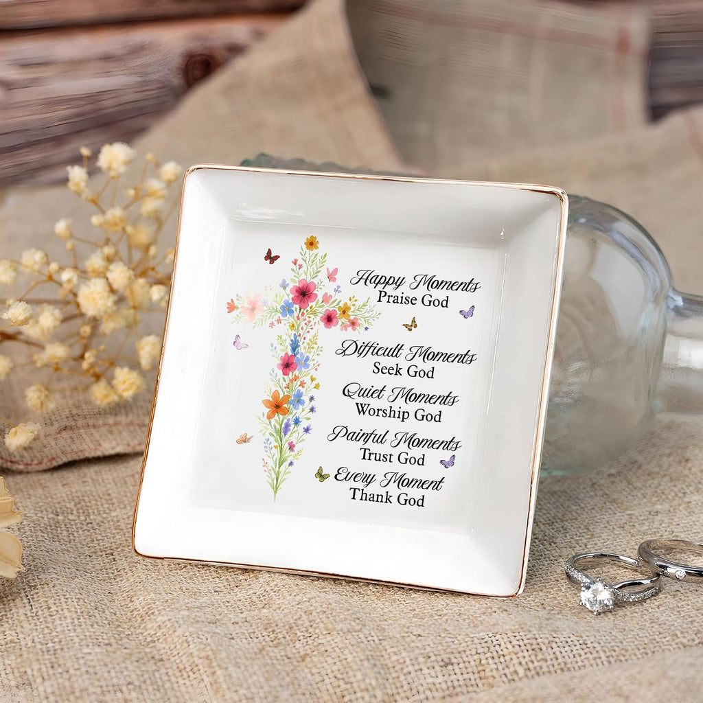 Christian Gifts for Women, Faith Inspirational Gifts - Floral Cross 4" Jewelry Dish, Religious Gift for Mom, Sister, Daughter, Friends - Catholic Bible Verse, Communion, Confirmation Gift for Her