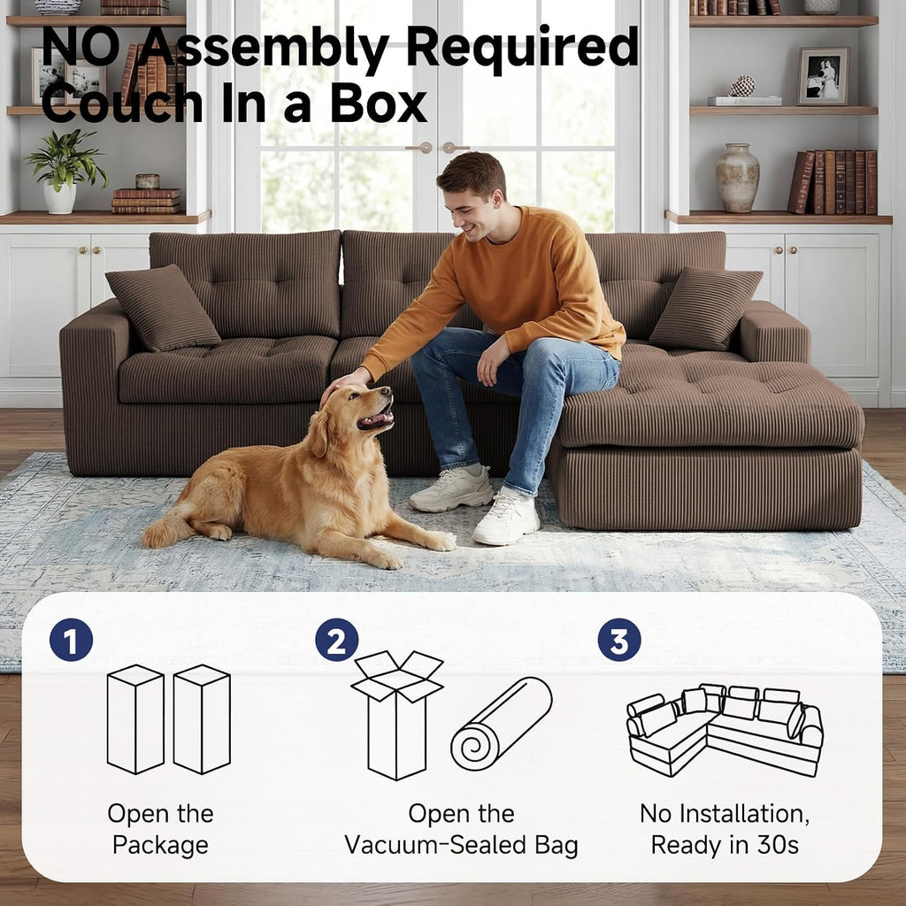 113" L-Shaped Modular Sectional Sofa Chaise Boneless Couch No Assembly | Corduroy Boneless Sectional Couch with Deep Seat, Couches for Living Room, Bedrom, Couch in a Box, Light Gray