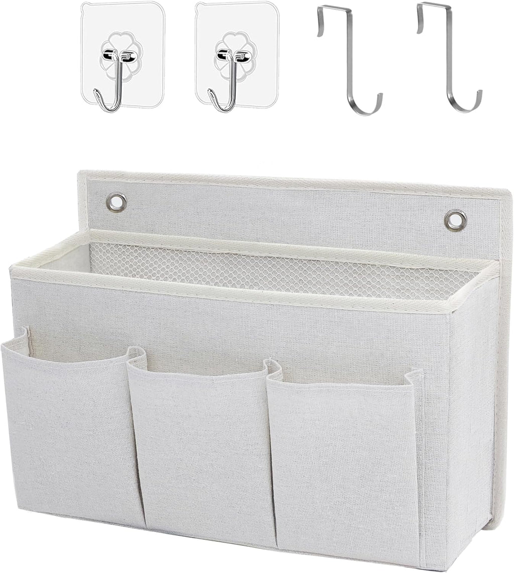 Wall Hanging Organizer Bag/Hanging Baskets with Large Mesh Compartment & 3 Pockets，Over the Door Organizer Space Saving Storage for Bedroom,RV Camper, Closet (White- 1 Pack)