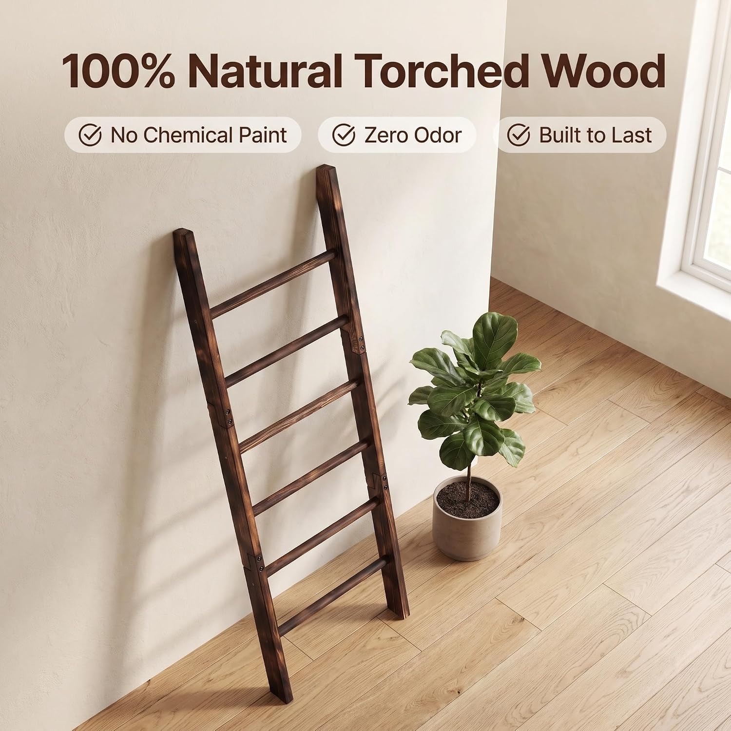 Carbonized Farmhouse Blanket Ladder, 6-Tier Rustic Wooden Rack | Reinforced Construction,3lbs Per Tier,Holds Clothes Scarves Belts,Christmas Decor Friendly,Fits All Home Styles,Easy to Clean