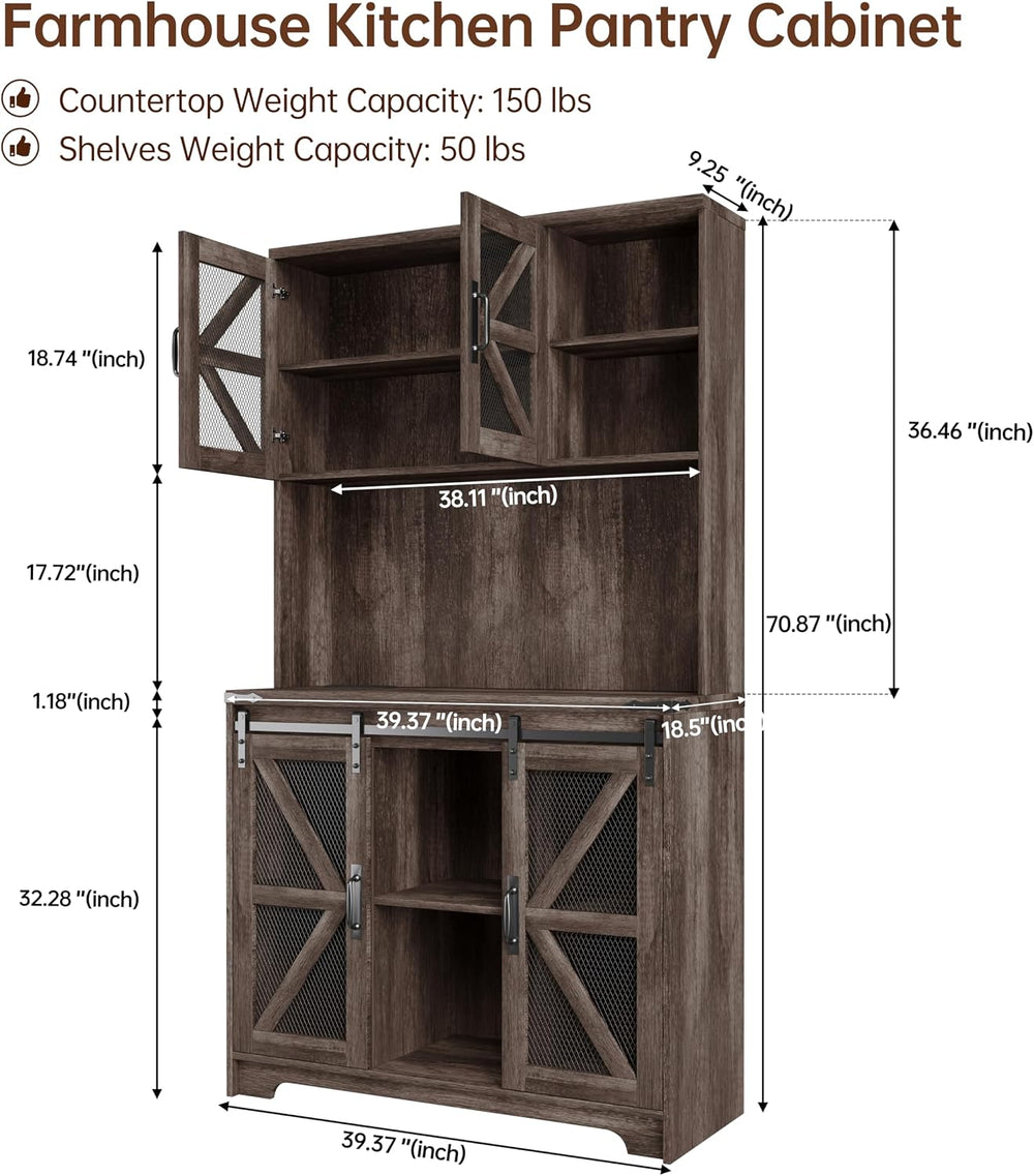 71" Farmhouse Pantry Storage Cabinet With LED Lights and Charging Statio...