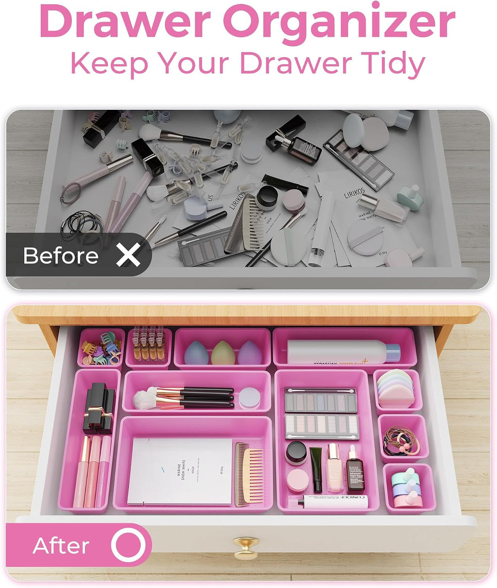 BiuLeon 25 PCS Plastic Drawer Organizers Set, 4-Sizes Vanity and Makeup Organizer, Desk and bathroom Drawer Organizer Trays, Organizers and Storage for Makeup, Jewelry, Gadgets, Utensils(Light Purple)