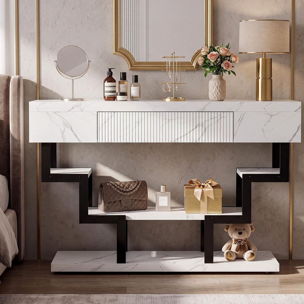 47.3" Console Table with Fluted Drawers, 3-Tier Modern Entryway Table wi...