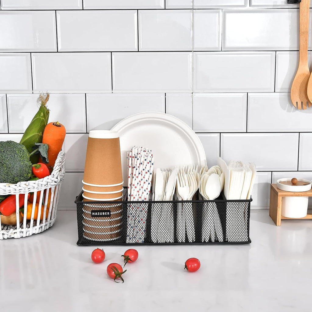 Silverware Organizer with Handle - Metal Utensil Caddy for Kitchen Counter, 7 Compartment for Plate, Cup, Napkin, Paper Plate Dispenser for Party, Picnic