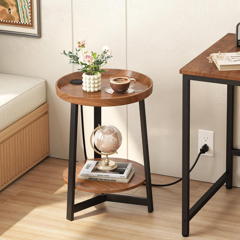 2-Tier Round End Table with Charging Station and Industrial Sofa Side Table,R...