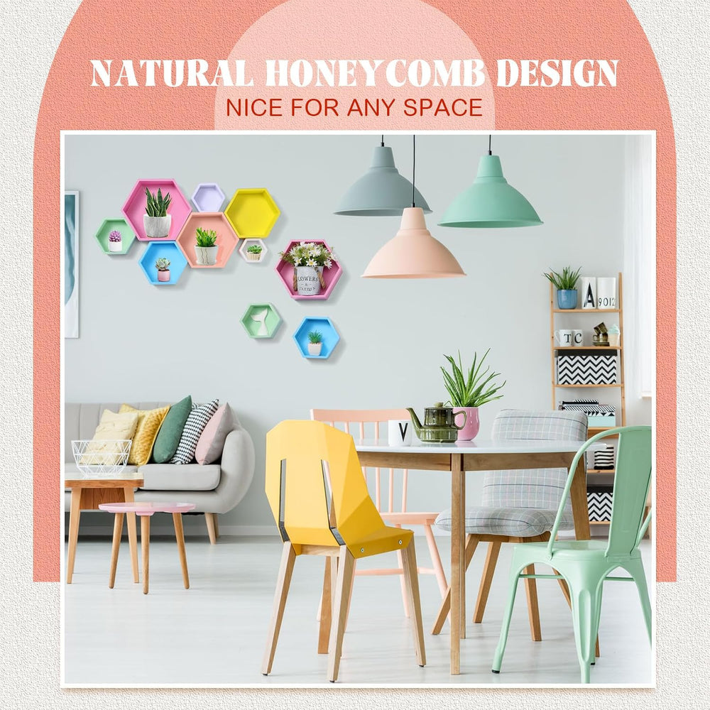 DoubleFill Honeycomb Shelves for Wall Set of 7 Wooden Hexagon Floating Shelve...