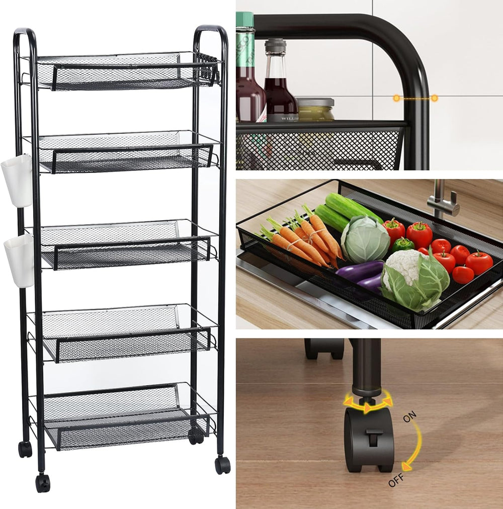 5-Tier Stackable Metal Wire Storage Basket with Wheels – 360° Swivel Casters,...