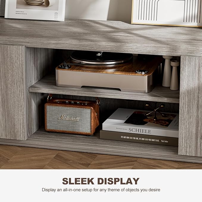 BELLEZE 70" Fluted TV Stand for TVs up to 75", Media Entertainment Center Console Table with Oversize Drawers and 2-Tier Open Shelves, Wood Storage Cabinet for Living Room, 15"D x 70"W x 16"H-(Gray)
