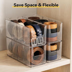 Acrylic Belt Organizer, 2 Pack Clear Belt Storage Box with 4 Adjustable Compartments, Stackable Durable Acrylic Belt Holder, Anti-Scratch Belt Display Case for Closet and Drawer Organization
