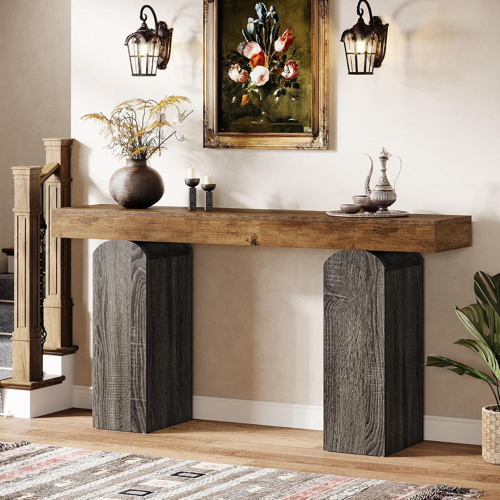 Tribesigns 63" Long Entryway Table, Farmhouse Console Table with 2 Arche...