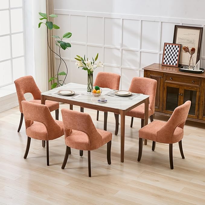 UVV Wooden Dining Chairs Set of 2, Mid Century Modern Upholstered Dining Room Chair Kitchen Chairs, Chenille Dinner Chair with Solid Wood Legs for Kitchen Dining Room, Orange