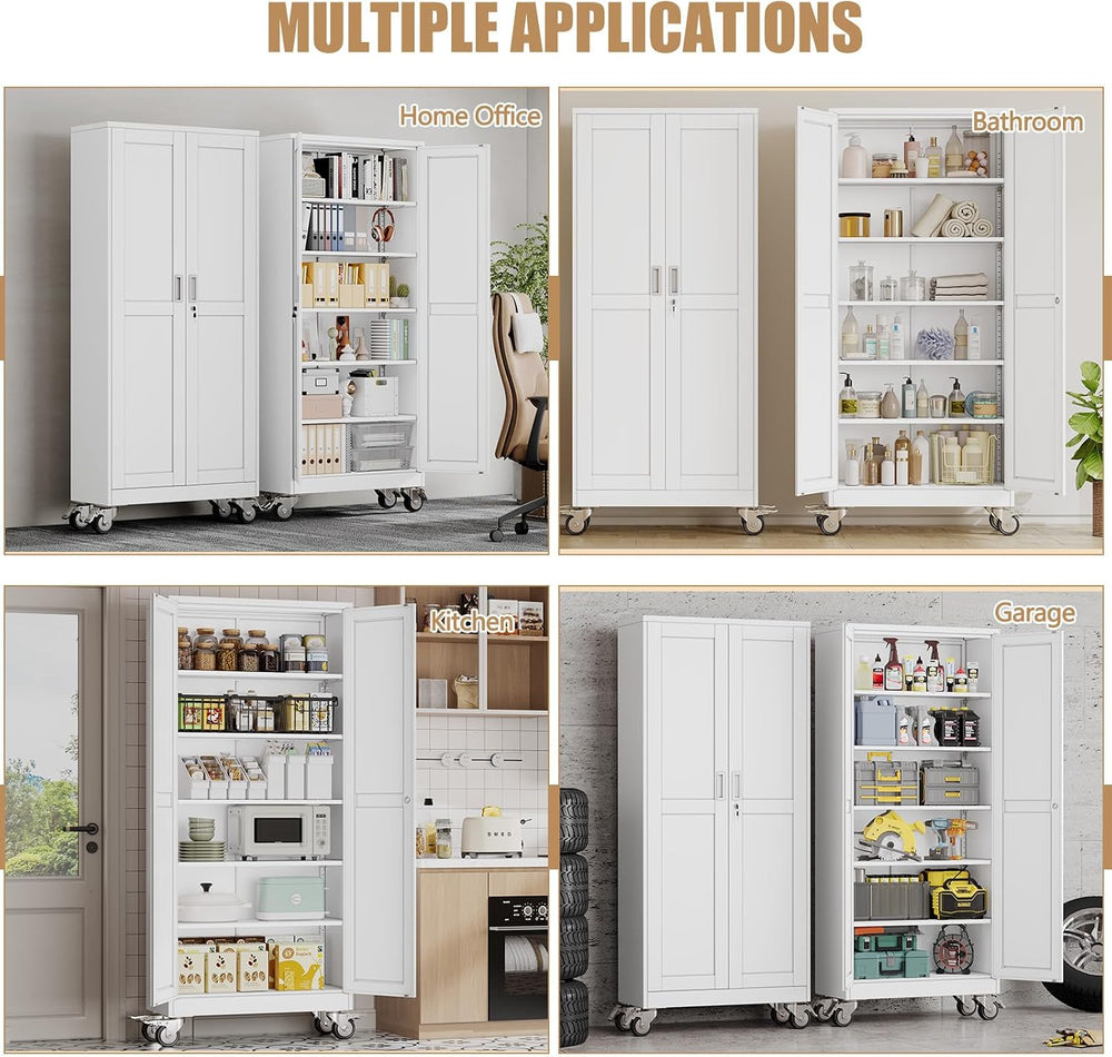 75" H Metal Pantry Storage Locker Cabinet with Wheels,Rolling Kitchen Pa...